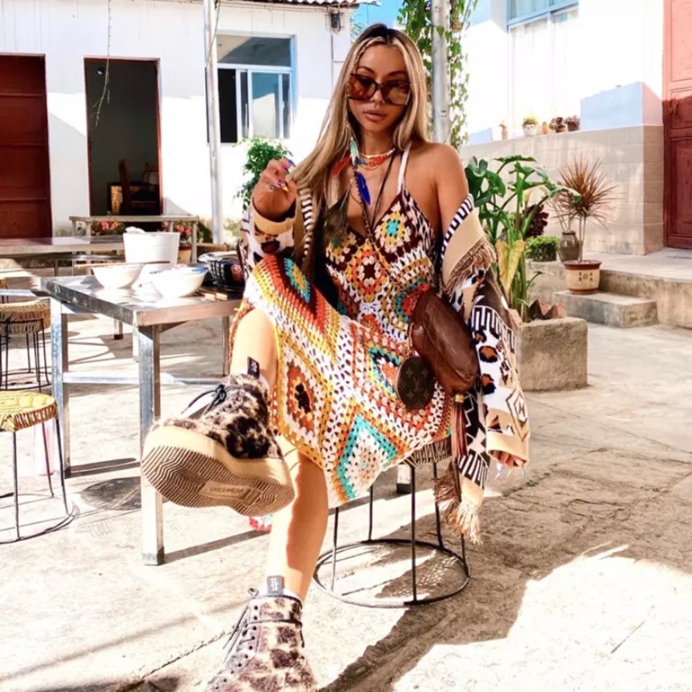 SOLD OUT Boho Handmade Multi Color Crochet Coverup Dress - Picture 3 of 13